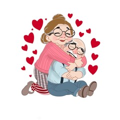 heartwarming illustration of an elderly couple sharing a loving embrace. The woman, wearing a pink sweater and plaid pants, hugs her smiling partner tightly from behind. The man, dressed in blue susp