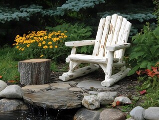 Rustic white wooden rocking chair in garden near pond with yellow flowers