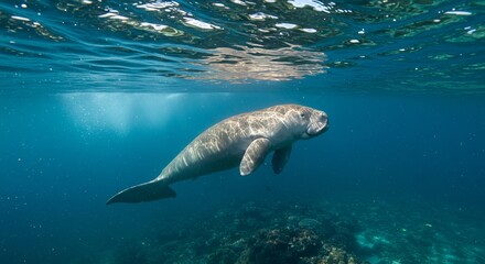 Naklejka premium Dugong swimming gracefully in ocean, rare marine mammal related to manatee, symbol of seagrass habitat, conservation, and underwater wildlife.