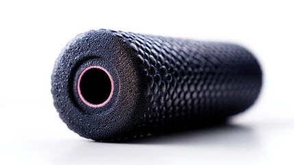 A close-up image of a textured black foam roller, designed for muscle recovery and physical therapy, showcasing its circular opening and unique surface.