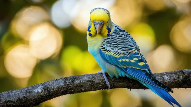 Vivid blue and yellow parakeet sits on a branch with blurred foliage in the background