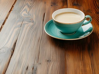 Coffee cup on wooden table background, rustic cozy morning coffee break concept
