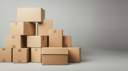Fototapeta premium Brown cardboard boxes stacked in a pile for moving shipping or storage purposes