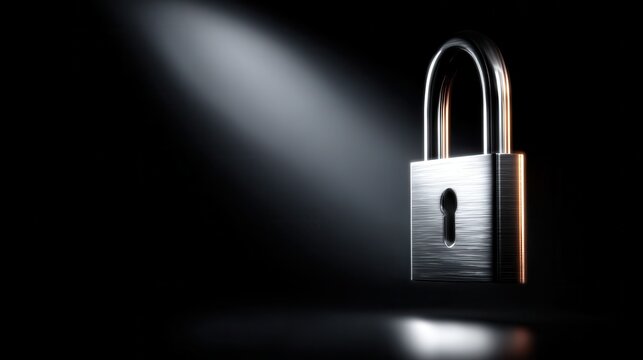 Shiny Metal Lock Illuminated Against Black Background