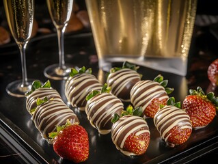 Romantic dessert chocolate covered strawberries and champagne on black tray celebrating special occasion