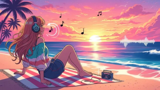 Dreamy Anime Sunset Chill - Girl Enjoys Lo-Fi Beach Vibes with Animated Music Visuals.