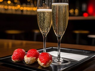 Celebratory mood of two champagne glasses with strawberry dessert, a delightful scene