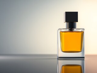 Elegant perfume bottle with golden liquid on reflective surface, luxury concept