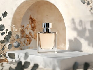 Elegant perfume bottle mockup on display with botanical accents and archway background