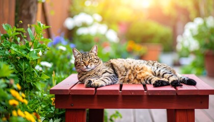 Relaxed tabby cat rests on a red wooden garden bench amidst flowers