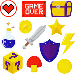 Vector set of illustrations of elements for video games: coin, star, chest, sword, shield, heart, potion, twist cube.