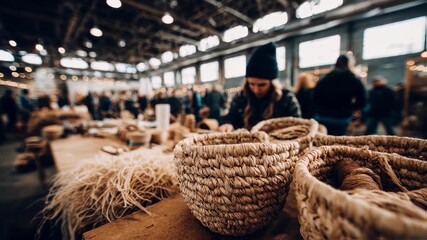 Detailed shot of handwoven baskets and natural fiber goods with blurred artisan working in the background showcasing rustic charm at a small craft fair booth.