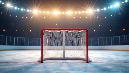 A brightly lit ice hockey rink with a red goal net placed at the center of the frame. The smooth ice surface reflects the glow from the overhead stadium lights, creating a vibrant atmosphere.