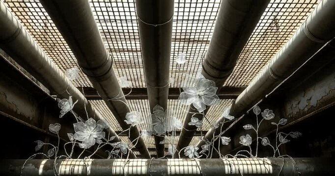 Intricate floral installation beneath industrial pipes in an urban setting