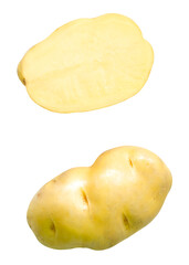 Top view set of a tuber of raw potato with half isolated with clipping path in png file format