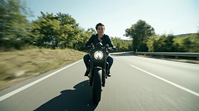 Woman Riding Motorcycle on Country Road - A female biker rides a powerful motorcycle along a winding country road, surrounded by lush green trees on a sunny day.