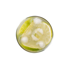 Brazilian lemon caipirinha in a glass with ice and fruits isolated over white background