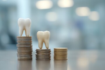 Stunning dental care costs visualized with teeth atop rising coin stacks, representing growing investment in oral health and treatment expenses