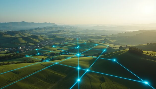 Futuristic digital network overlay illuminating expansive rolling green hills landscape in soft - Powered by Adobe
