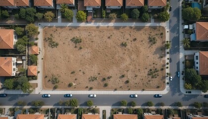 aerial view of an empty dirt lot surrounded by residential houses and streets in a suburban