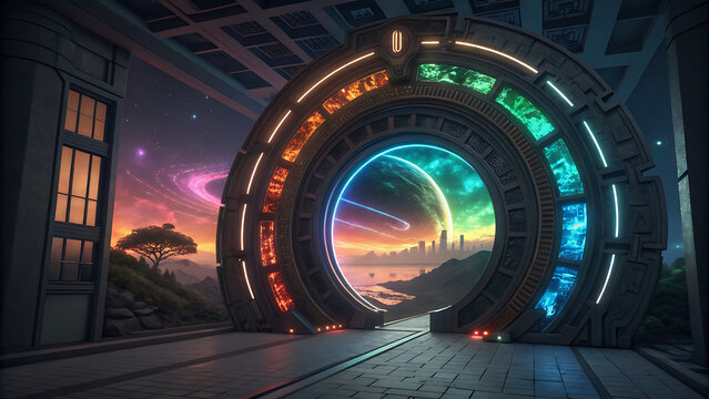 Intricate Sci-Fi Stargate Overlooking a Sunset Nebula