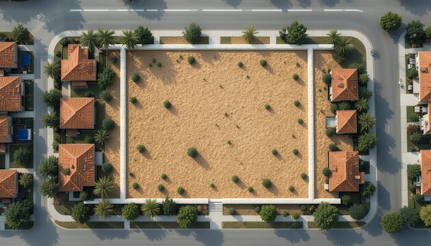 aerial view of an empty rectangular plot of land surrounded by suburban houses and streets during