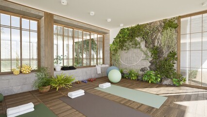 3D render of large cozy and bright yoga studio with large windows and sports equipment. Mat rack, fitness balls. Interior design, decorative plants and landscaping. Wooden floor and white brick walls