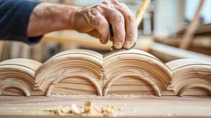 Skilled craftsman meticulously carves intricate wood details, showcasing artisanal woodworking expertise in a bright workshop.