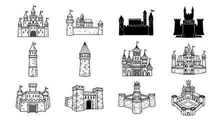 Naklejka premium Collection of Medieval Castle and Tower Illustrations for Fantasy Designs