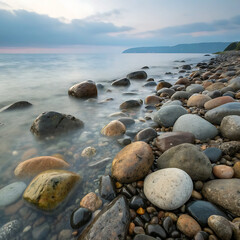  beach in the winter morning with full of stones