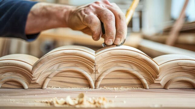 Skilled craftsman meticulously carves intricate wood details, showcasing artisanal woodworking expertise in a bright workshop.
