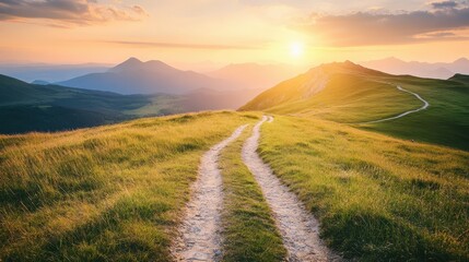 Winding dirt trail through rolling hills at sunset