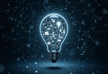 Glowing light bulb filled with futuristic technology and digital innovation icons on dark background