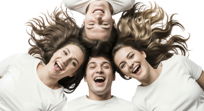 Four young adults wearing white t shirts heads together laughing with eyes closed and open People Laughter Joy Happiness Friendship Togetherness White Tshirt