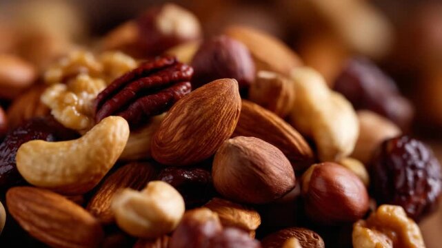 Discover a vibrant close-up of assorted nuts like almonds, hazelnuts, cashews, and walnuts, showcasing their natural beauty and rich earthy tones.