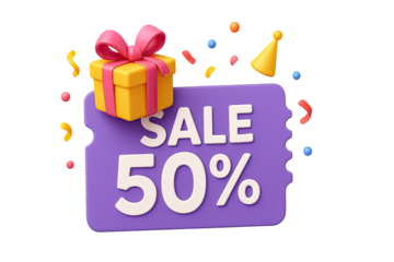 Colorful 3D illustration of special half price discount voucher with bright yellow gift box, ribbon bow and festive elements isolated on white background
