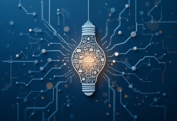 Innovative light bulb glowing with digital cloud connection and technology circuit lines