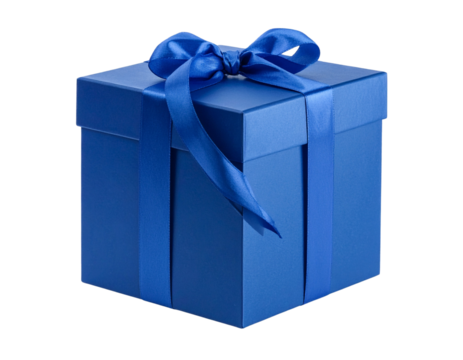 Tall Rectangular Blue Gift Box with Vertical Ribbon Wrap, Transparent Background