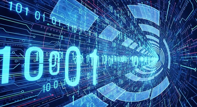 A digital tunnel of binary code with glowing blue numbers and circuit board patterns receding into distance