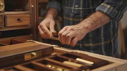 Skilled craftsman meticulously assembling a luxurious wooden box, showcasing precision and dedication in detailed woodworking.