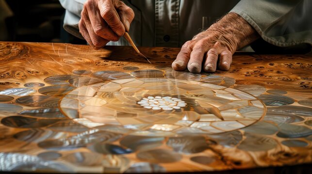 Skilled artisan meticulously inlaying mother of pearl into a stunning wood marquetry tabletop, showcasing exquisite craftsmanship and luxury detail