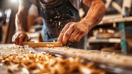 Skilled carpenter meticulously shaping wood with a hand plane, creating fine shavings in a sunlit workshop, showcasing craftsmanship and dedication to detail.
