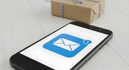 Smartphone with email notification and a gift box in the background