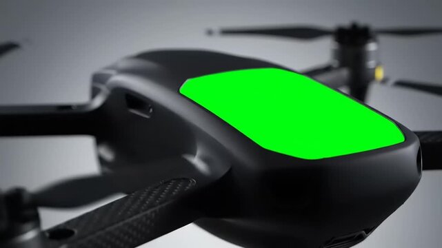 Modern quadcopter drone with a customizable green screen for logo or text placement. Cinematic close-up on a clean studio background. Technology and aerial innovation concept.