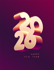 New year 2026. 3D glossy numbering design on dark background. Christmas greeting card design.