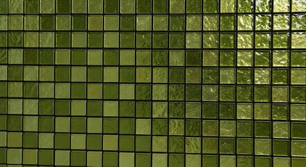 A close-up view of a green mosaic tile wall, with a grid pattern and varying shades of green.