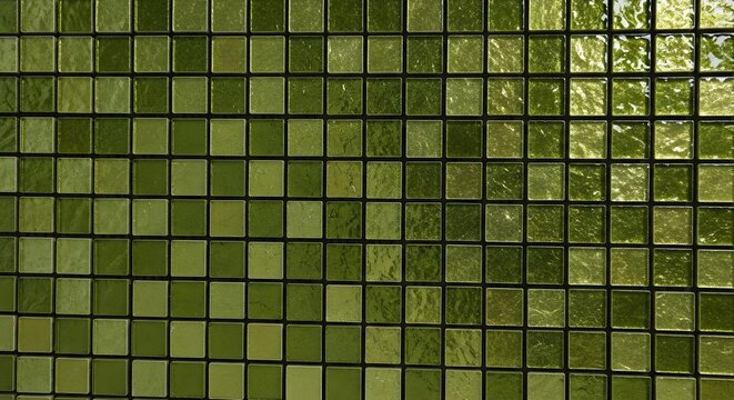 A close-up view of a green mosaic tile wall, with a grid pattern and varying shades of green. - Powered by Adobe