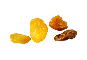 Dried yellow raisin or currants in set isolated on white background with clipping path