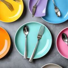 Clean white plate with silver fork and spoon on table