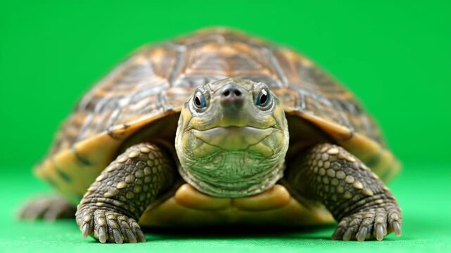 Close up of a turtle on a green background looking at the camera.